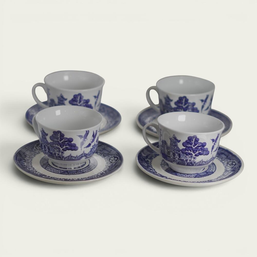 Royal Cuthbertson Blue Willow Demitasse Espresso Cups Saucers Set of 4 China